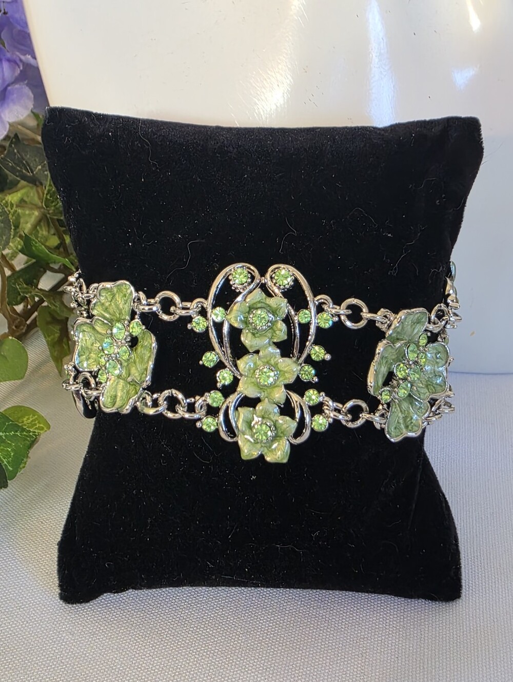 Vintage Style Green Enamel Flower Rhinestone Bracelet Silver Tone